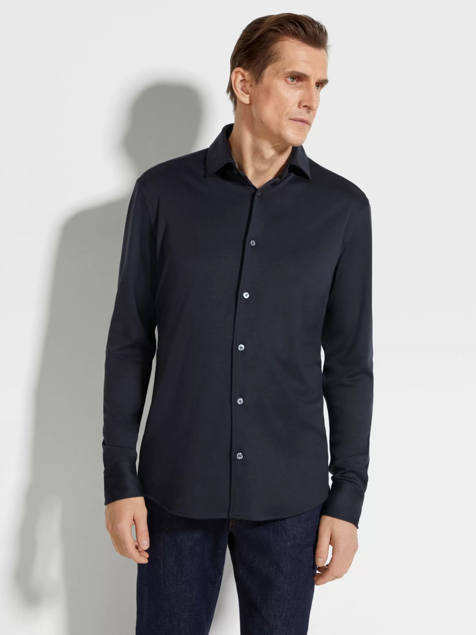 ZEGNA Shirts<Cashmere and Silk Shirt NavyBlue