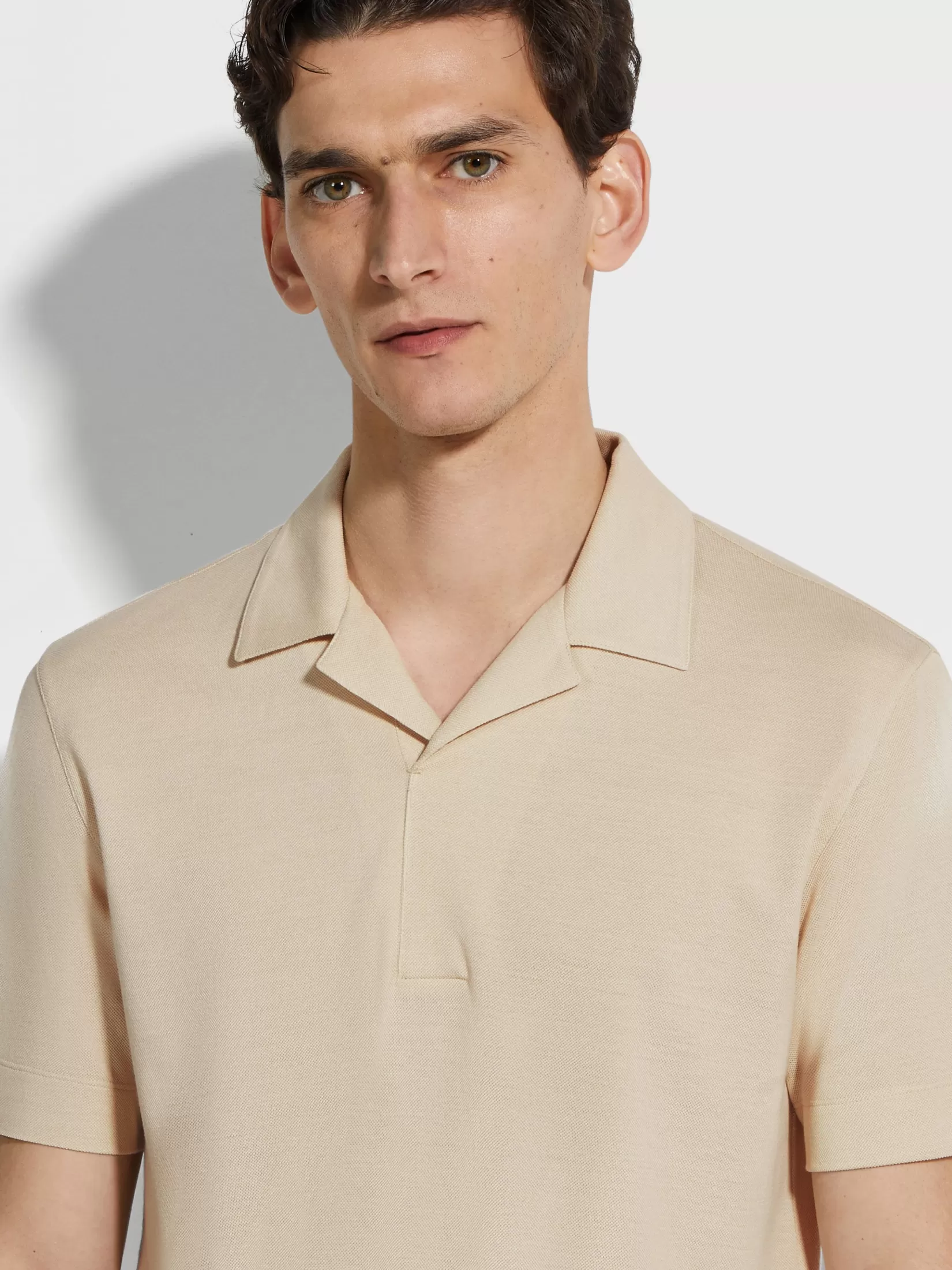 ZEGNA Polo Shirts<Light Beige Silk and Cotton Piquet Polo Shirt LightBeige