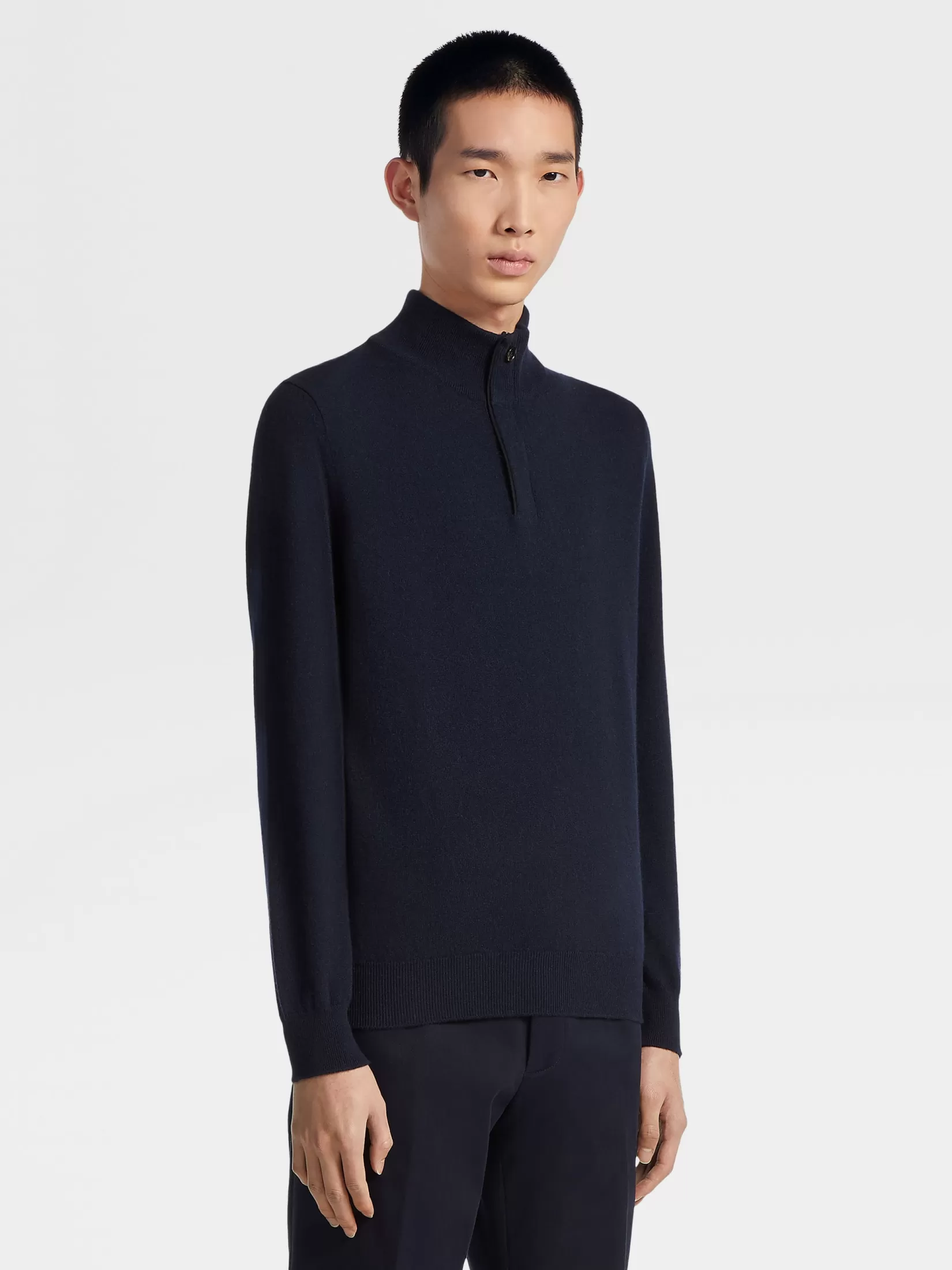 ZEGNA Sweaters<Navy Blue Mélange Oasi Cashmere Zip Mock Neck Sweater NavyBlueMélange