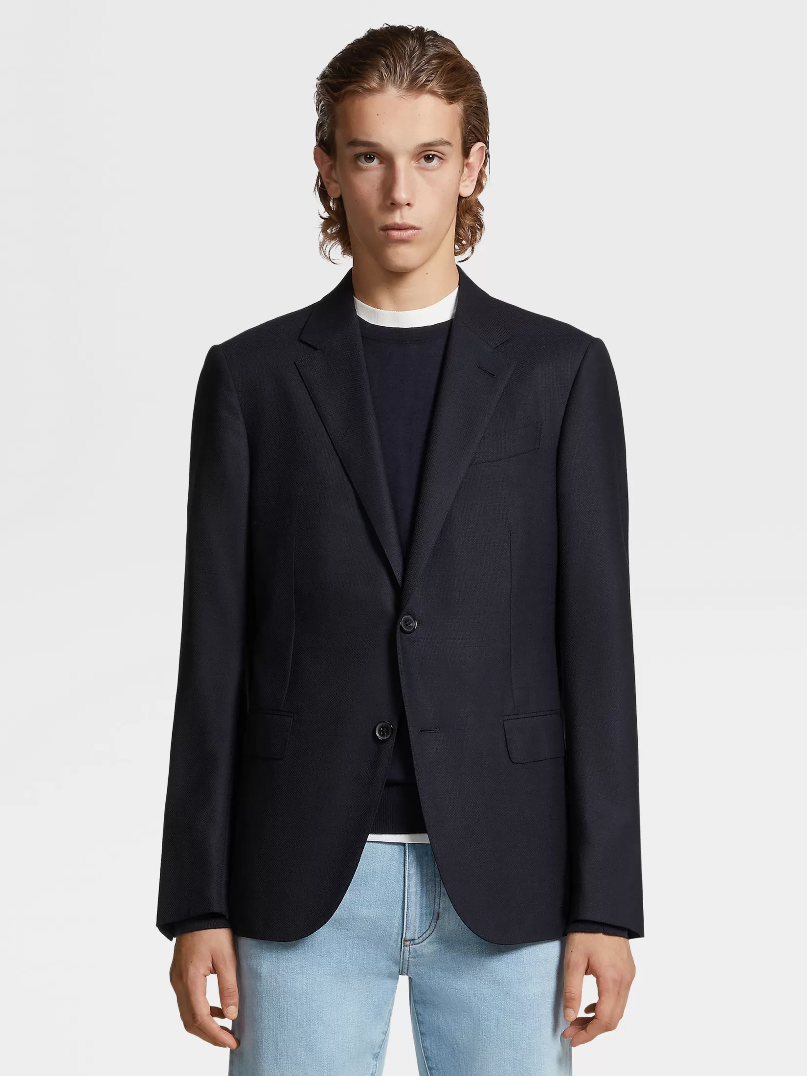 ZEGNA Blazers<Navy Blue Trofeo™ Comfort Stretch Wool and Silk Jacket NavyBlue