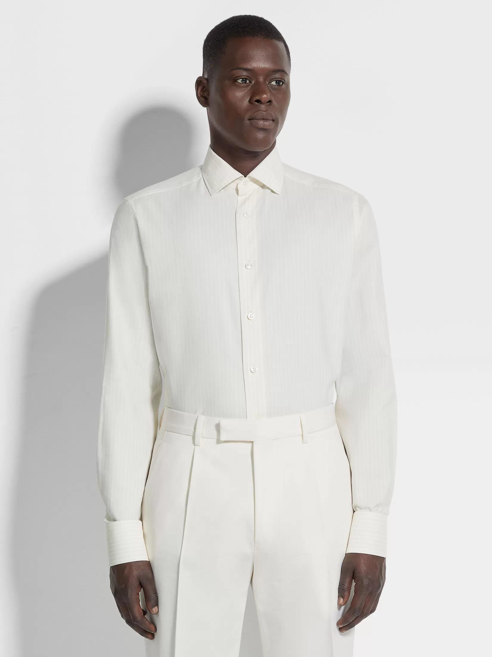 ZEGNA Shirts<White and Light Beige Macro-striped Silk Cotton and Cashmere Shirt White/LightBeige