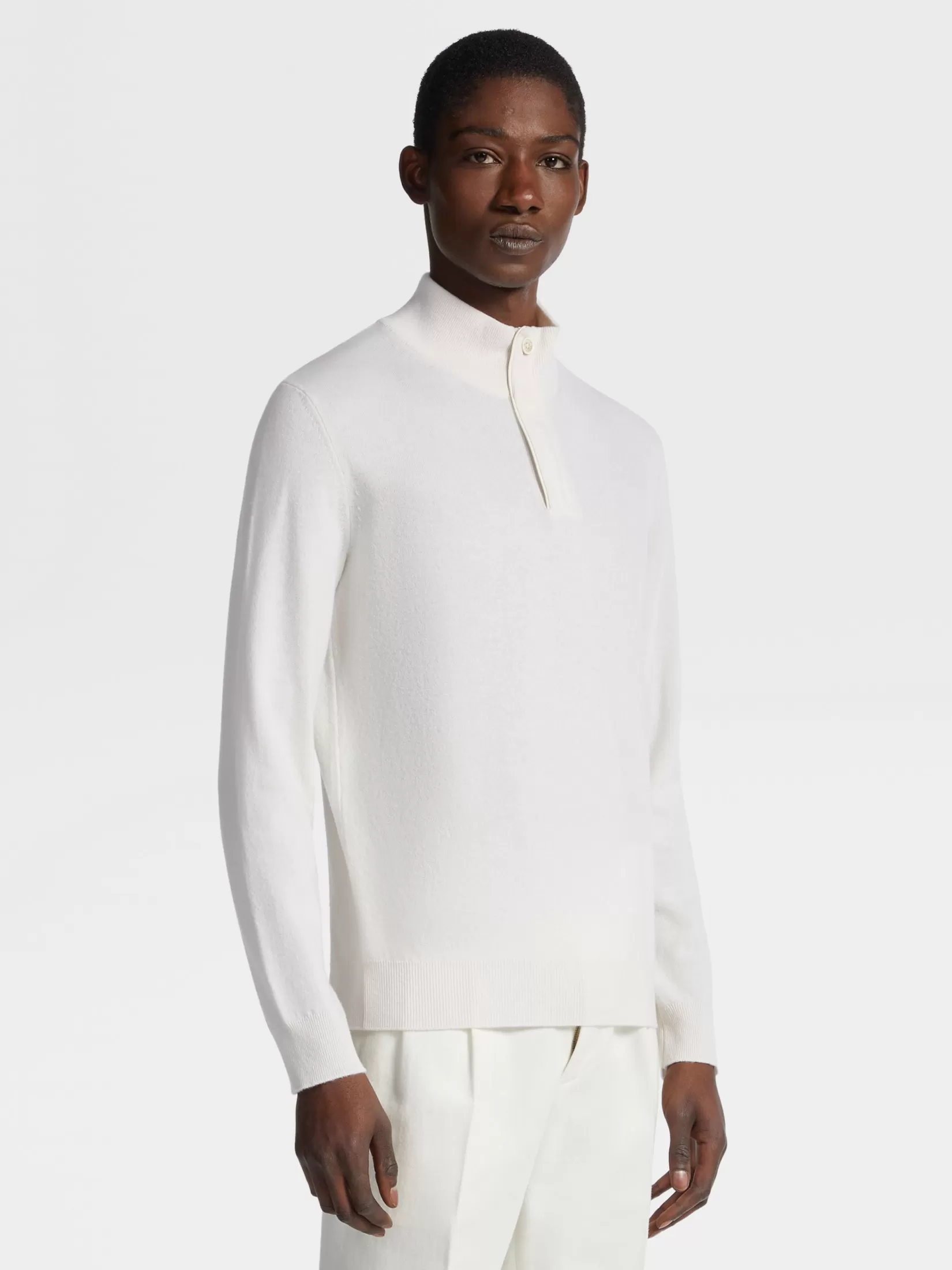 ZEGNA Sweaters<White Mélange Oasi Cashmere Zip Mock Neck Sweater WhiteMélange